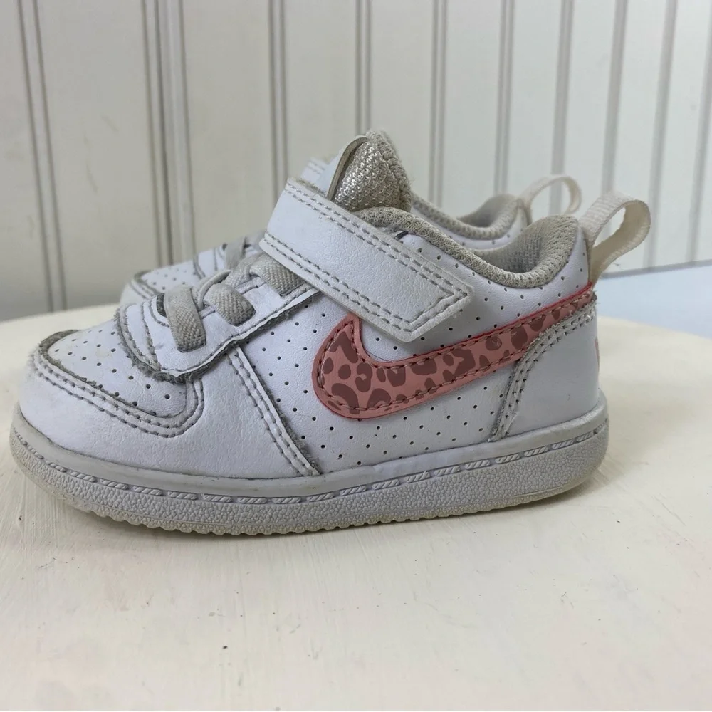 Nike Toddler Leather Court Borough White Sneakers with Pink Cheetah Swoosh Sz 5C